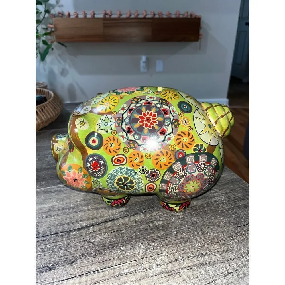 Vintage Folk Art Ceramic Mexican Pottery Piggy Bank Painted Old Retro Flowers 60